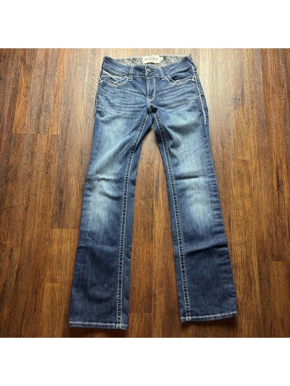 Ariat REAL MidRise Boot Entwined Jean Distressed Dark Wash Thick Stitch Size 28R